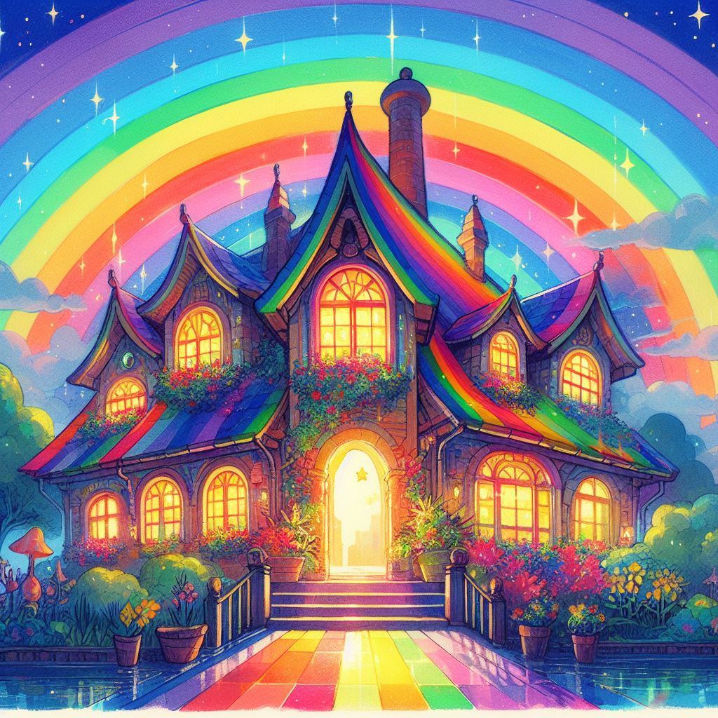 Colorful fantasy house with arched windows, a flower-filled garden, and a vibrant rainbow overhead.