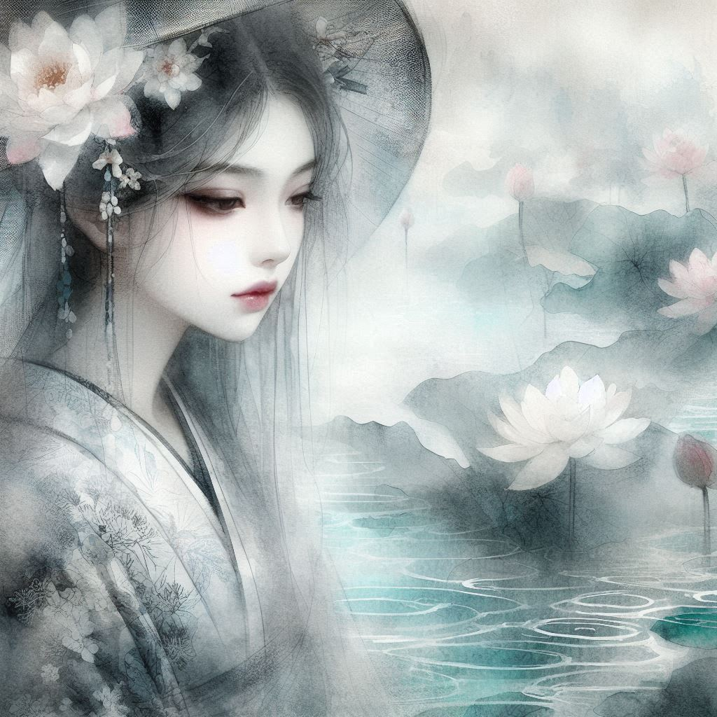 A serene, ethereal painting of a woman with long flowing hair, wearing traditional attire and a wide hat adorned with flowers, with a misty lotus pond in the background.