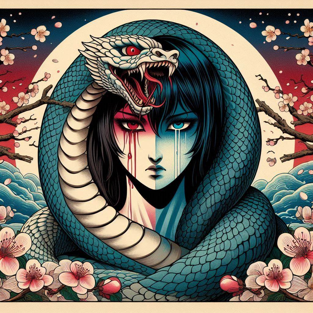 Illustration of a woman with blue and red eyes and tears, entwined by a large snake, surrounded by cherry blossoms and stylized waves in the background.