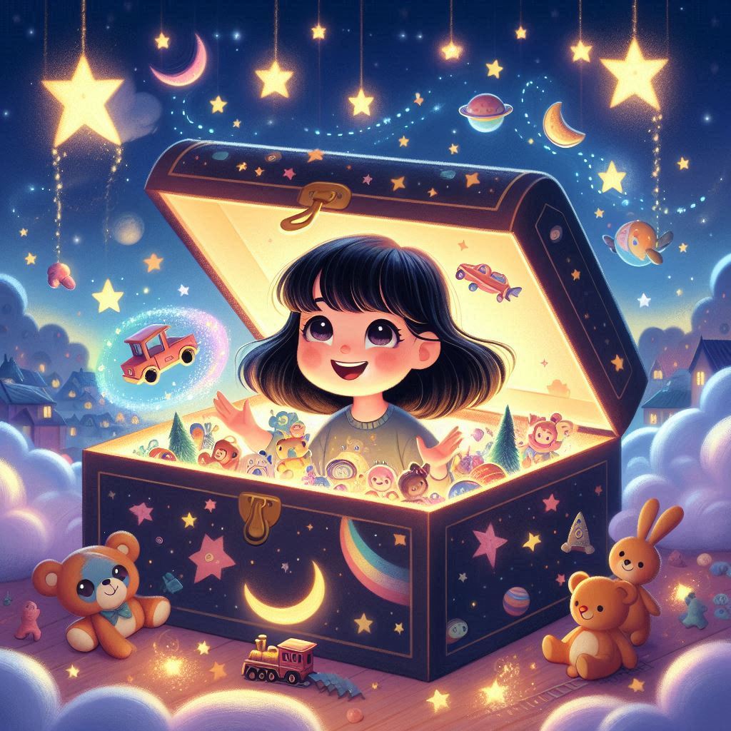 A happy child with black hair and a grey shirt opening a magical toy chest filled with glowing, colorful toys, surrounded by teddy bears, stars, and a dreamy night sky backdrop with hanging stars and crescent moons.