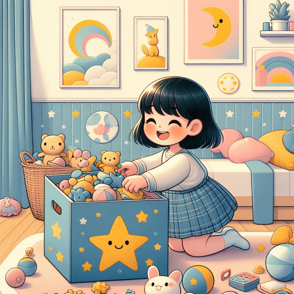 Illustration of a smiling girl kneeling on the floor, playing with stuffed animals from a blue box decorated with a smiling star. The room is colorful, with toys scattered around, pastel decorations, and framed artwork on the wall.