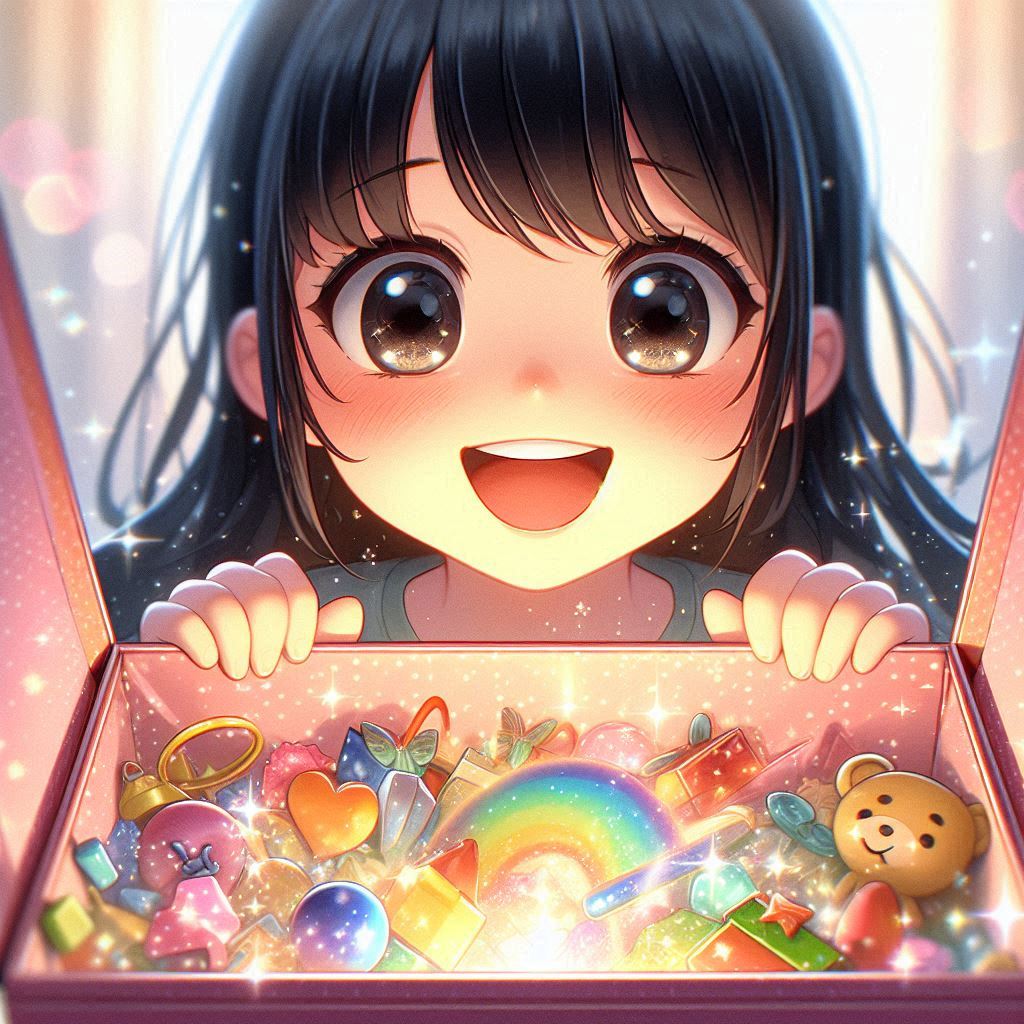 Anime girl with large eyes gleefully looking at an open, glowing box full of colorful trinkets, including a rainbow, heart, and teddy bear.