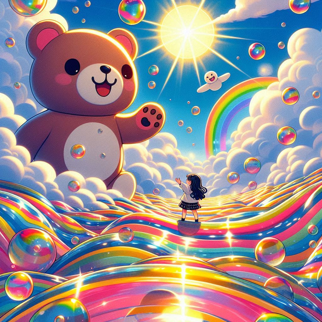 A girl in a plaid skirt stands on a rainbow path, reaching out to a giant, smiling teddy bear amongst clouds and bubbles, with a bright sun and a rainbow overhead.