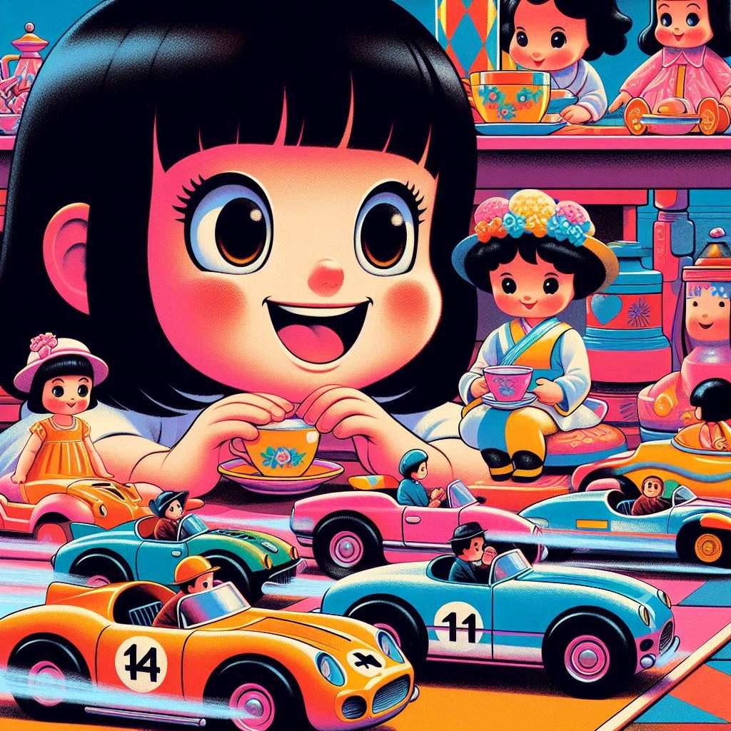 Illustration of a large-eyed girl in the center, surrounded by colorful toy cars and dolls having a tea party.