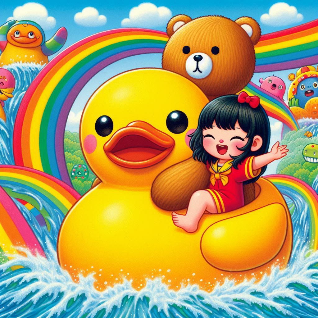 Colorful illustration of a girl in a red dress riding a large yellow rubber duck, surrounded by rainbows, waterfalls, and various cute creatures, including a teddy bear.