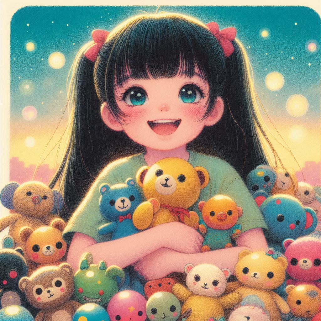 A smiling girl with black hair in pigtails, wearing a green shirt, surrounded by various colorful stuffed animals against a backdrop of a starry sky.