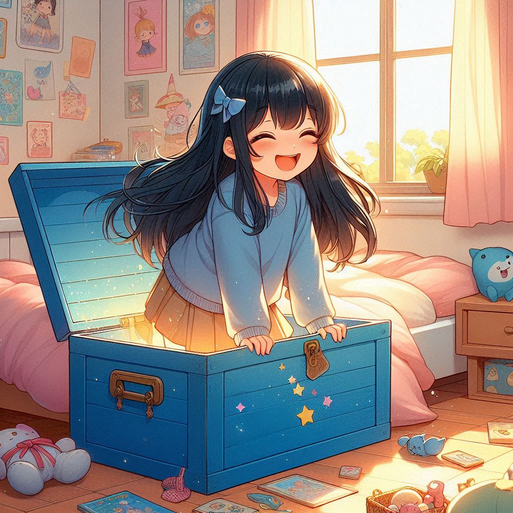 A smiling girl with long black hair and a blue bow is sitting inside an open blue chest in a cheerful, sunlit bedroom filled with toys and drawings.