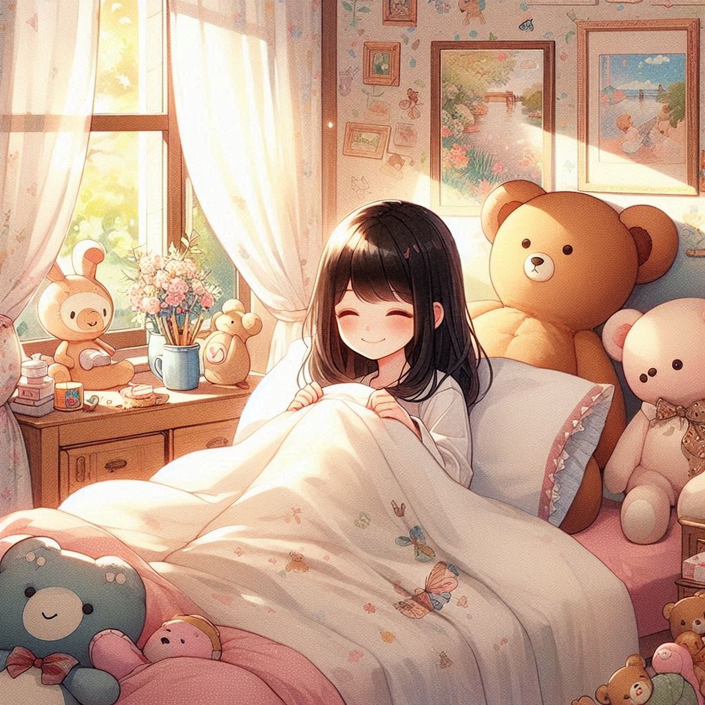 Anime-style illustration of a girl with dark hair smiling in bed, surrounded by various stuffed animals and decorated with pastel-colored bedding and curtains.