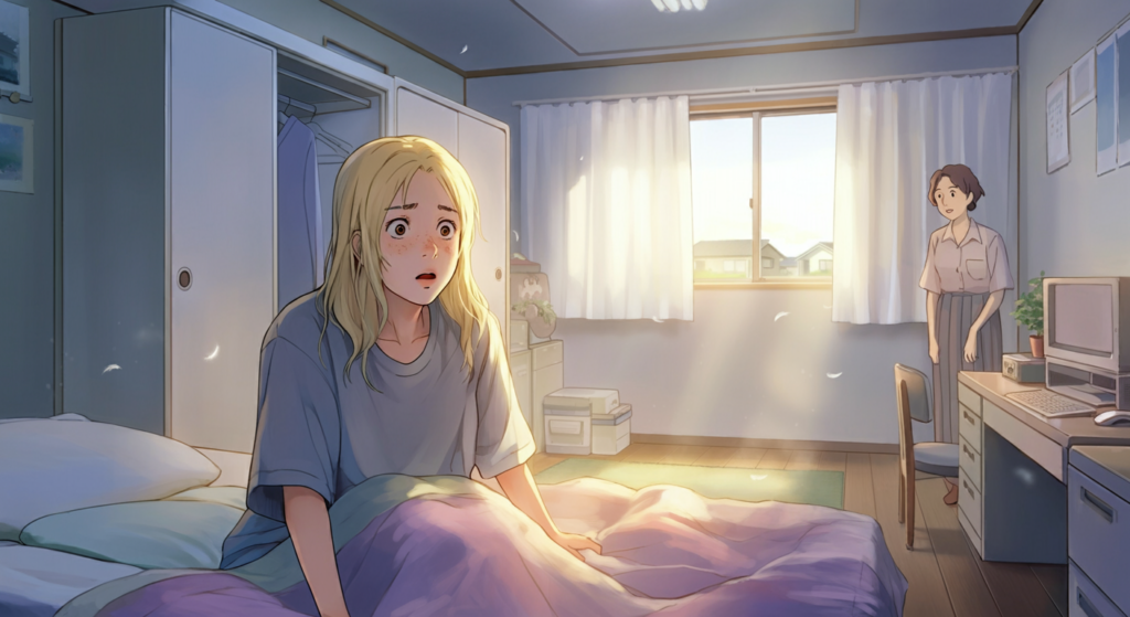 A young girl with long blonde hair, looking surprised and concerned, is sitting on a bed in a softly lit room. She is wearing a loose gray t-shirt and the bedding is colorful. A woman in a light blouse and skirt stands nearby, appearing curious or worried as well. The room has a window with sunlight streaming in and a neatly arranged desk with a computer.