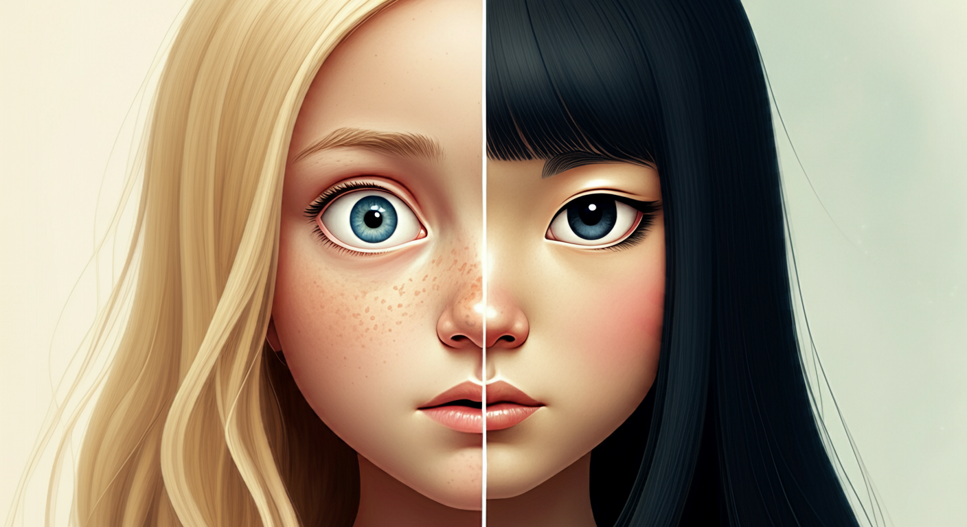 A digitally rendered portrait showing the faces of two girls side by side; one has long, wavy blonde hair and freckles, while the other has straight, black hair and a smooth complexion. Both girls have striking blue eyes and neutral expressions.