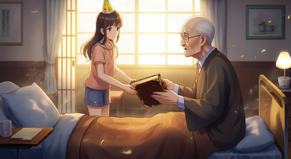 A young girl wearing a party hat hands a book to an elderly man sitting on a bed in a warmly lit room, with sunlight streaming through a window behind them.