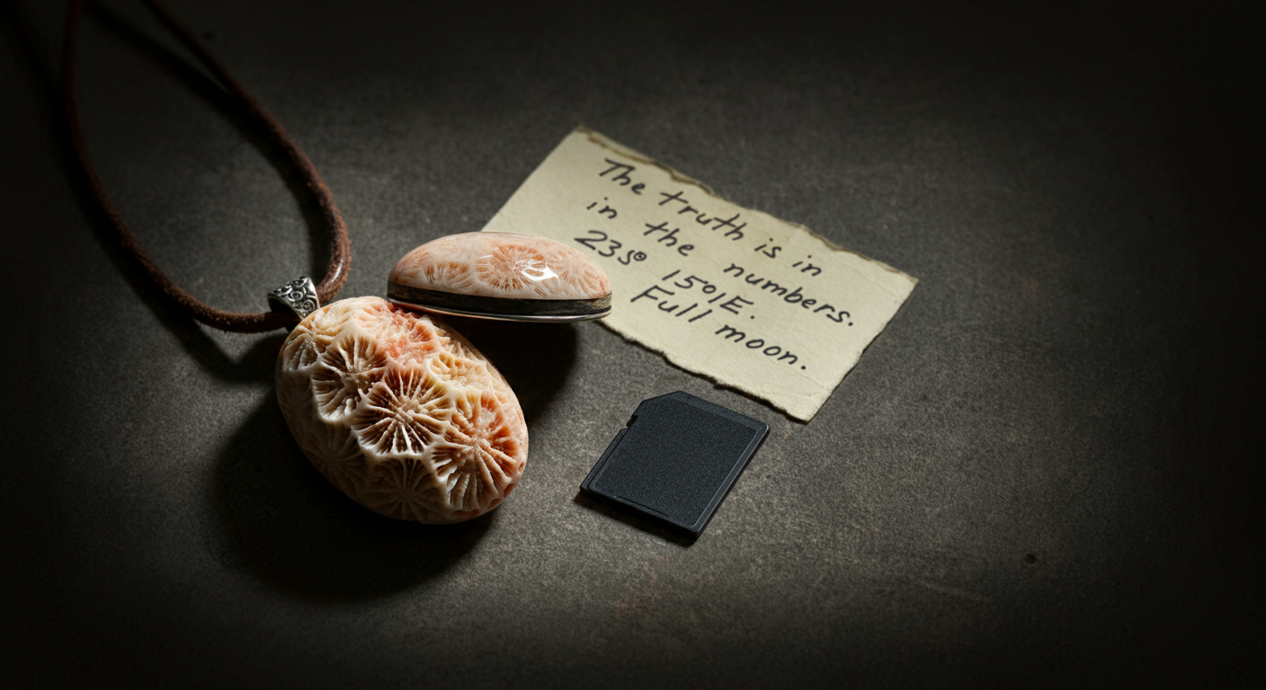 A decorative pendant carved with intricate patterns, resting on a dark surface alongside a small black memory card and a note that reads, "The truth is in the numbers: 23° 150° E. Full moon."