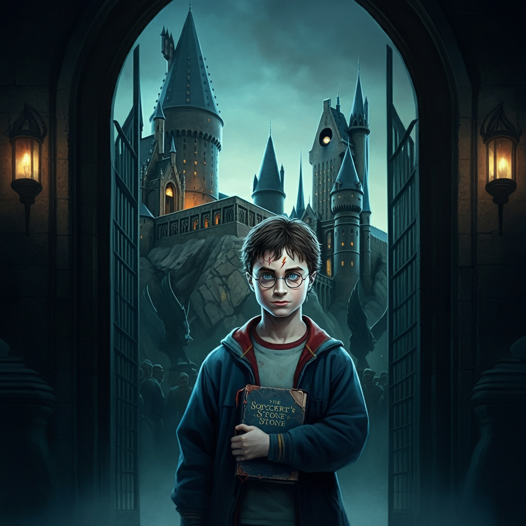 A young boy with glasses and a lightning-shaped scar holds a book titled "The Sorcerer's Stone," standing at the entrance of a castle. The background features a dark, mysterious castle with towers and spires under a cloudy sky.