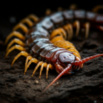 A close-up image of a centipede on dark soil, showing its segmented body with a reddish-brown head and numerous yellow legs.