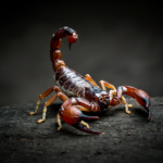 A close-up image of a scorpion with a curved tail and large pincers, standing on a dark, textured surface.