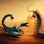 A cartoon-style blue scorpion with an angry expression faces off against a cartoon-style centipede with large eyes and a playful demeanor in a desert landscape during sunset.