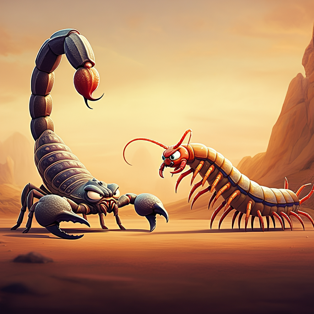 A cartoonish scene depicting a scorpion and a centipede standing in a desert landscape, both with exaggerated features and expressions, facing each other. The background features sandy terrain and distant mountains under a warm sky.