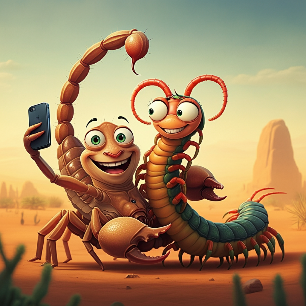 A cartoon scorpion and a centipede are joyfully taking a selfie together in a desert landscape, with the scorpion holding a smartphone. Both characters have expressive, smiling faces and exaggerated features.