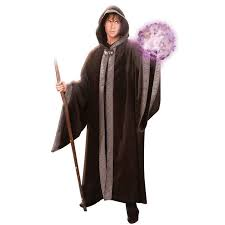 A figure wearing a dark, hooded robe holds a staff topped with a glowing purple orb.