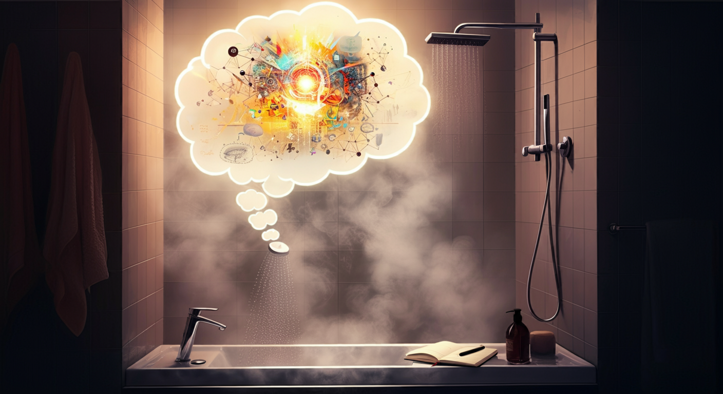 A bathroom scene featuring a bathtub, with steam rising and a showerhead above. Above the bathtub is a thought bubble filled with colorful abstract shapes and symbols, suggesting creativity or ideas, accompanied by an open notebook and a bottle on the edge of the tub.