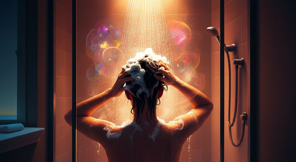 A person with wet hair applies shampoo while taking a shower, surrounded by colorful bubbles and steam, with water cascading down from a showerhead in a softly lit bathroom.