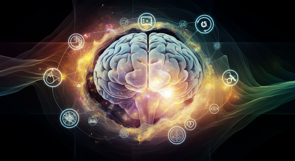 A digital illustration of a human brain at the center, surrounded by luminous swirling colors and various icons representing knowledge, science, and technology.