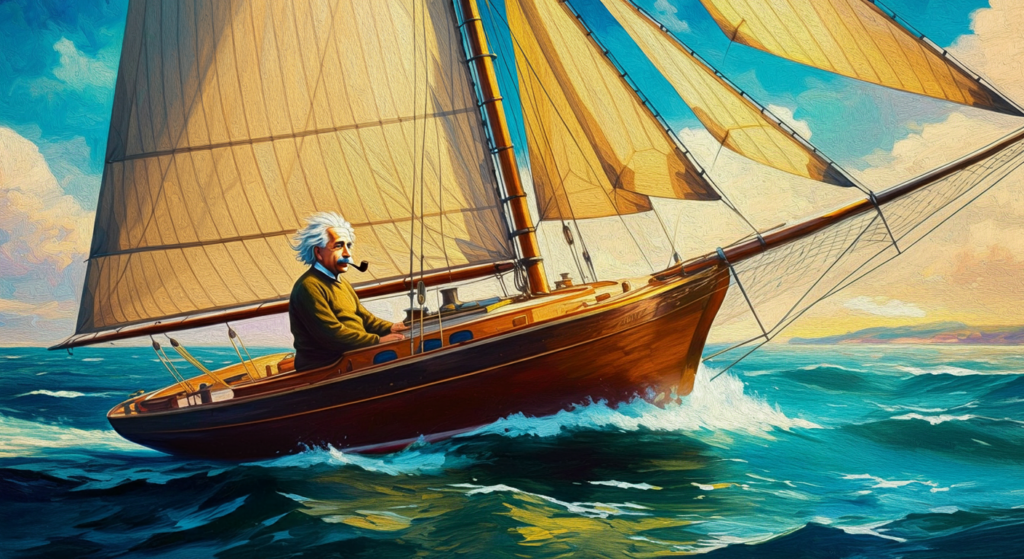 A man with white hair and a pipe sails a wooden boat with billowing sails on vibrant blue waves, under a bright sky with fluffy clouds.