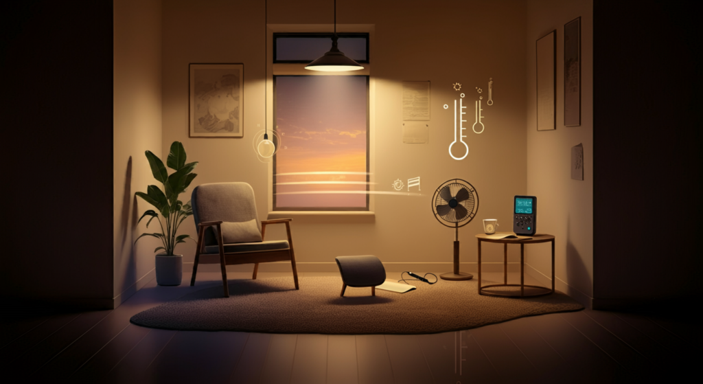 A cozy, modern room featuring a chair and ottoman, a potted plant, a table with a cup and a digital device, and a fan, with a window showing a sunset and decorative wall art.