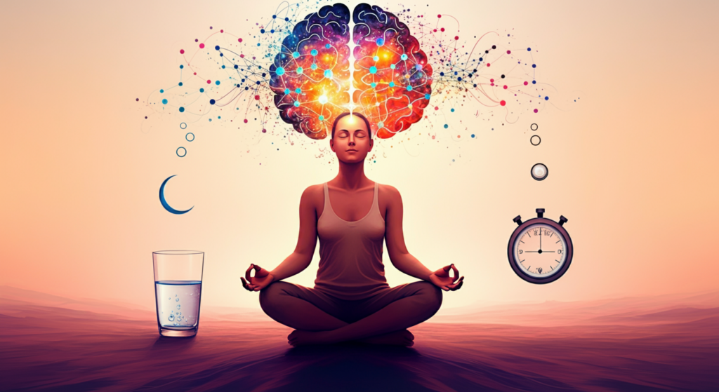 A serene individual meditating with a glow emanating from their head, symbolizing a vibrant brain filled with colorful notifications and connections, accompanied by a glass of water, a crescent moon, and a stopwatch, set against a soft gradient background.