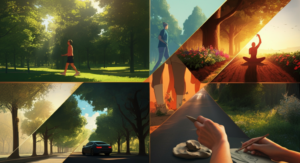 A collage featuring various scenes: a person walking in a sunlit park surrounded by trees, a tranquil sunset with a figure practicing yoga among flowers, a car driving along a tree-lined road, and close-up hands sculpting clay and sketching on paper.