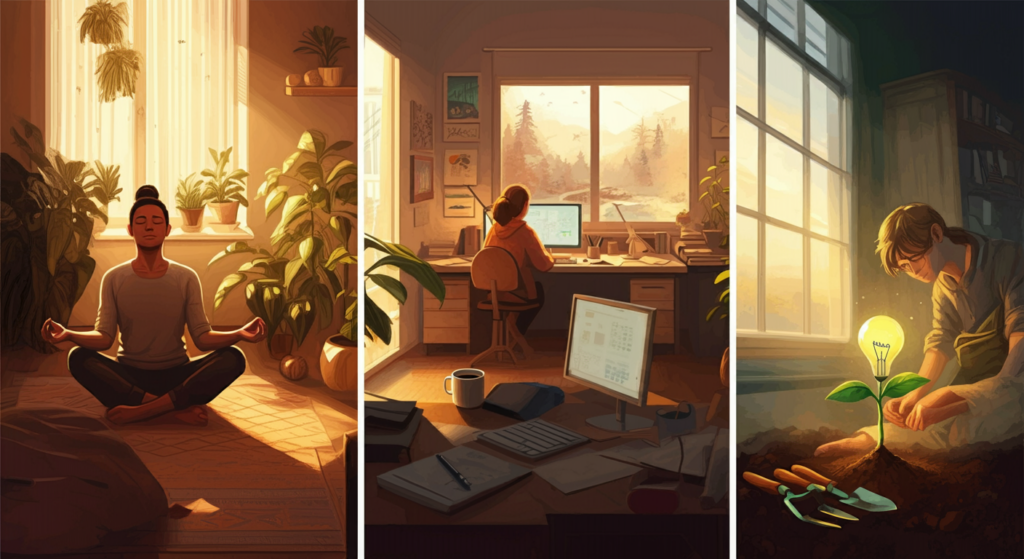 A triptych showing three scenes: 1) A person meditating in a sunlit room surrounded by plants. 2) A person sitting at a desk, focused on a computer screen with a view of nature outside. 3) A person nurturing a small plant with a light bulb growing from it, illuminated by sunlight through a window.