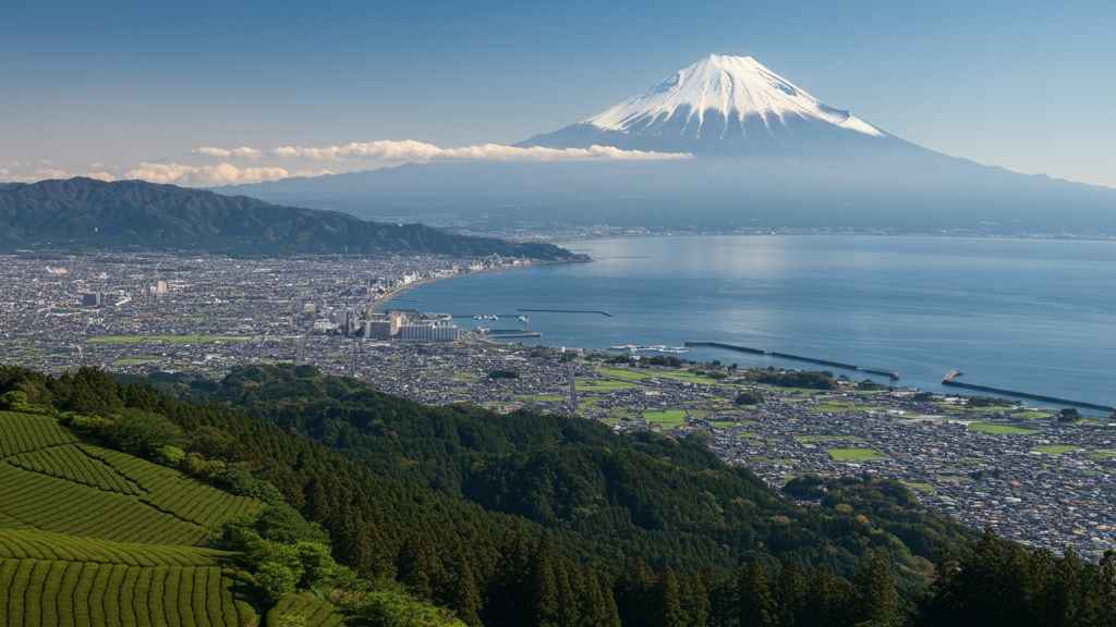 A panoramic view of Mount Fuji towering over a coastal city, surrounded by lush green tea fields and forests, with the sea visible in the foreground under a clear blue sky.