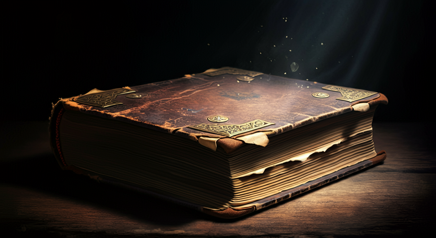 A large, antique book with a worn leather cover and ornate metal corner decorations sits on a wooden surface. Soft light illuminates the dust particles above it, creating a mystical atmosphere.