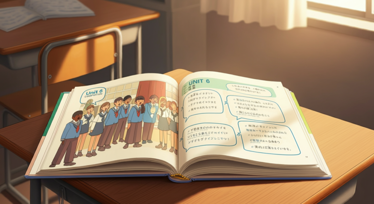 An open textbook on a wooden desk in a classroom, featuring illustrations of students and written content in Japanese related to "Unit 6." A chair is partially visible in the background, and sunlight filters through a window, casting light on the scene.