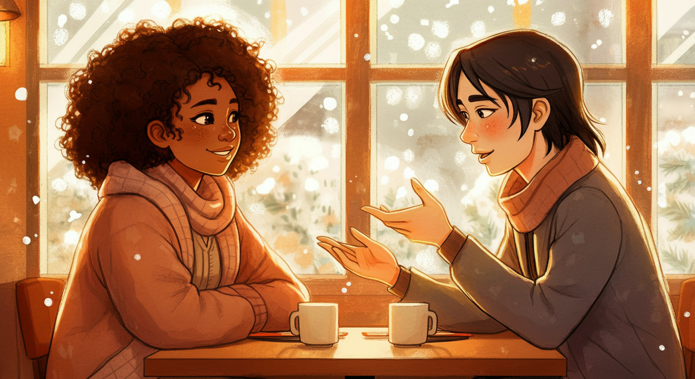 A cozy cafe scene featuring two young adults sitting at a table, engaged in conversation. One has curly hair and a warm smile, while the other is animatedly gesturing. They each have a coffee cup in front of them against a backdrop of softly falling snow outside the window. Warm ambient light enhances the inviting atmosphere.