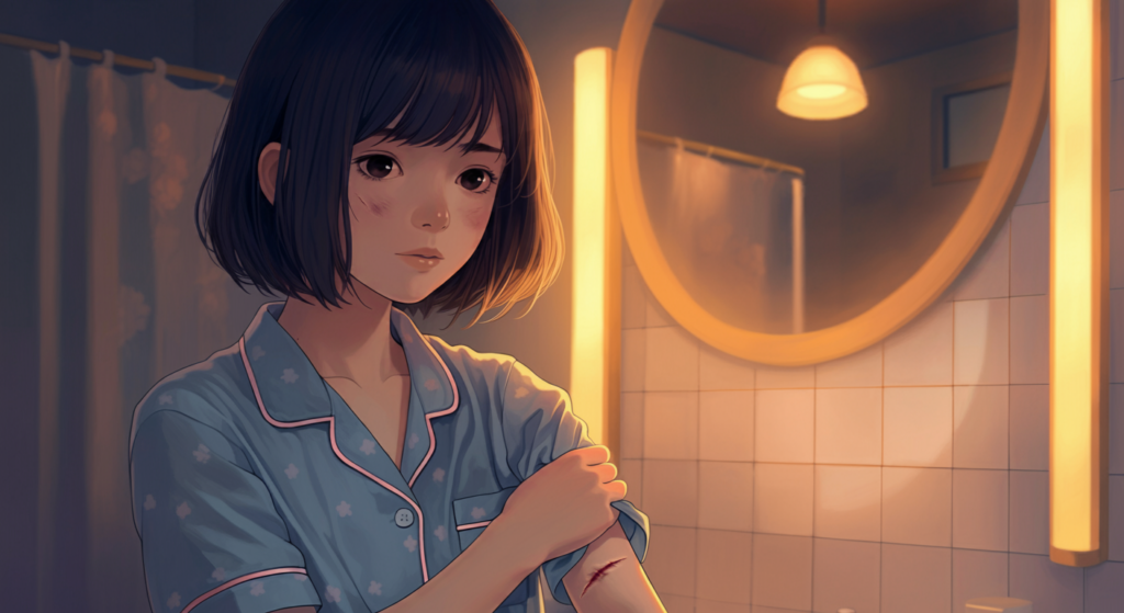 A young girl in pajamas is looking at her reflection in a bathroom mirror, displaying a concerned expression as she examines a cut on her arm. The scene is softly lit, with warm tones and a modern bathroom setting in the background.