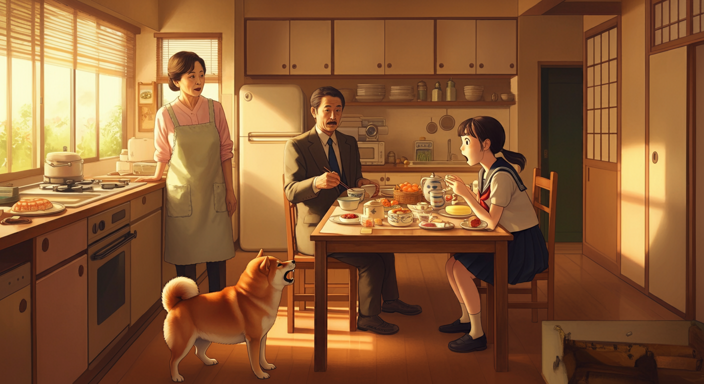 A warm kitchen scene featuring a woman in an apron standing by the counter, a man in a suit eating at a table, and a girl in a school uniform looking attentively at him. A Shiba Inu dog is sitting by the table, and various dishes are spread across the table, with sunlight streaming through the windows.