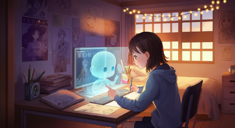 A girl with short brown hair sits at a desk, interacting with a holographic blue character on her computer screen in a cozy, softly lit room decorated with posters. A pile of drawings and art supplies are scattered on the desk, and the warm light of sunset filters through the window.