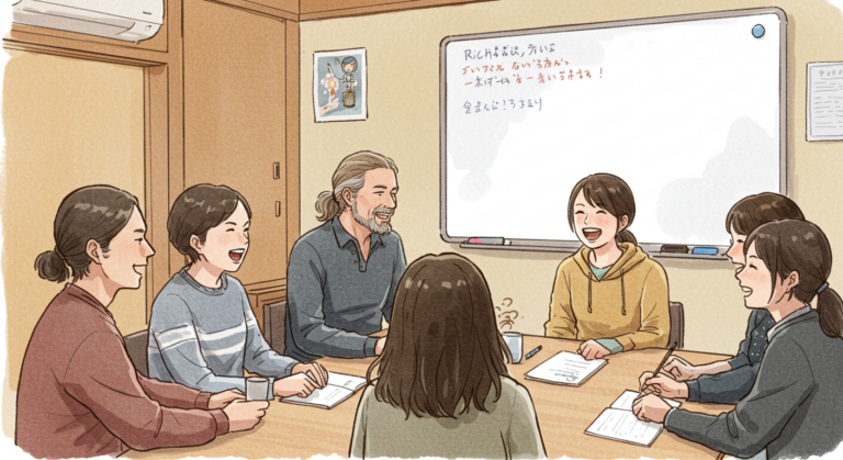 A group of six people sits around a table in a cozy room, engaged in cheerful conversation. They are smiling and laughing, with some taking notes and holding drinks. A whiteboard behind them displays handwritten notes in Japanese. The atmosphere is warm and collaborative.