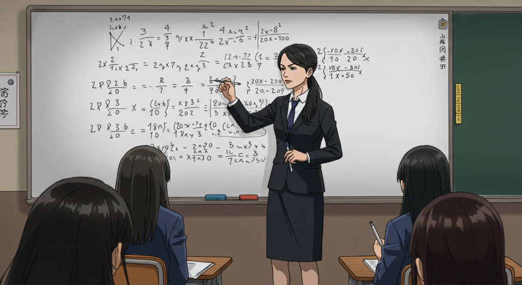 A female teacher in a suit explains math problems on a whiteboard while students sit at desks, attentively watching. The whiteboard is filled with complex equations.