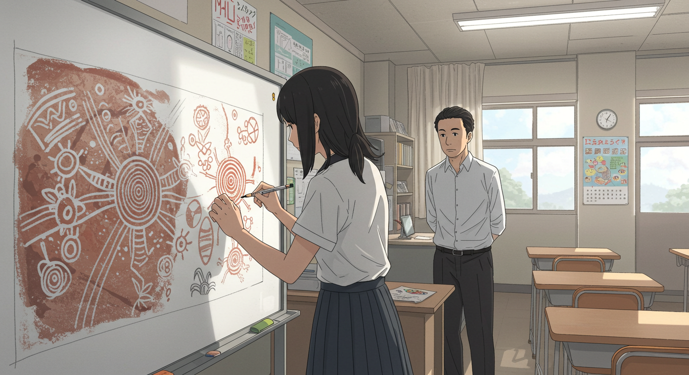 A female student in a white shirt and skirt is drawing on a whiteboard while a male teacher in a white shirt watches her, in a classroom with wooden desks and a window showing a sunny day outside.