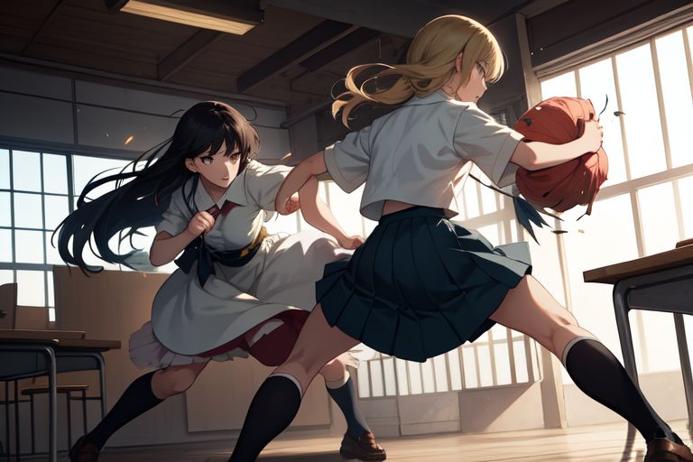 Two girls in a classroom are engaged in a physical confrontation; one girl with long black hair is charging towards another girl with long blonde hair, who is holding a basketball. Sunlight streams through large windows, illuminating the scene.