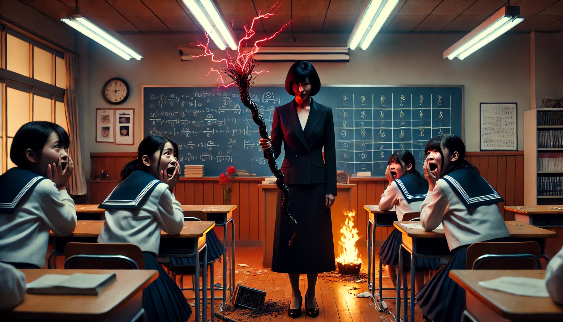 A dark classroom scene where a woman in a black suit holds a glowing, twisted staff while standing ominously in front of a chalkboard. Three schoolgirls in sailor uniforms sit at their desks, looking shocked and terrified. There is a small fire burning in the background, adding to the dramatic atmosphere.