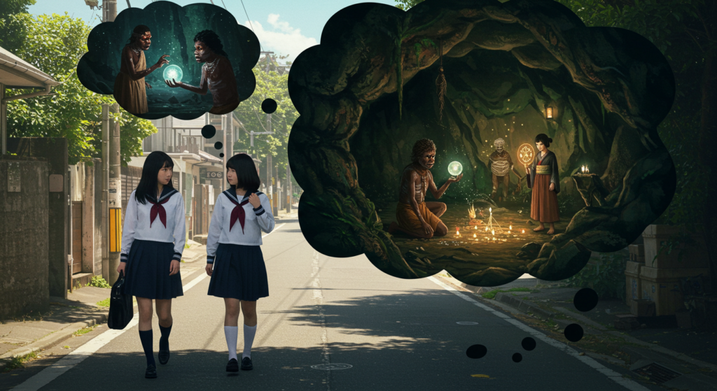 Two schoolgirls in uniforms walk down a quiet street. Above their heads, thought bubbles show two different fantasy scenes: one features a woman and a man interacting with a glowing orb in a cave, and the other depicts a girl in traditional dress holding a glowing object surrounded by mystical items.