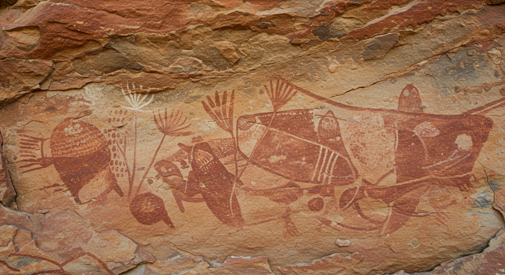 Ancient rock art featuring animals and abstract shapes in reddish-brown pigment on a textured stone surface.