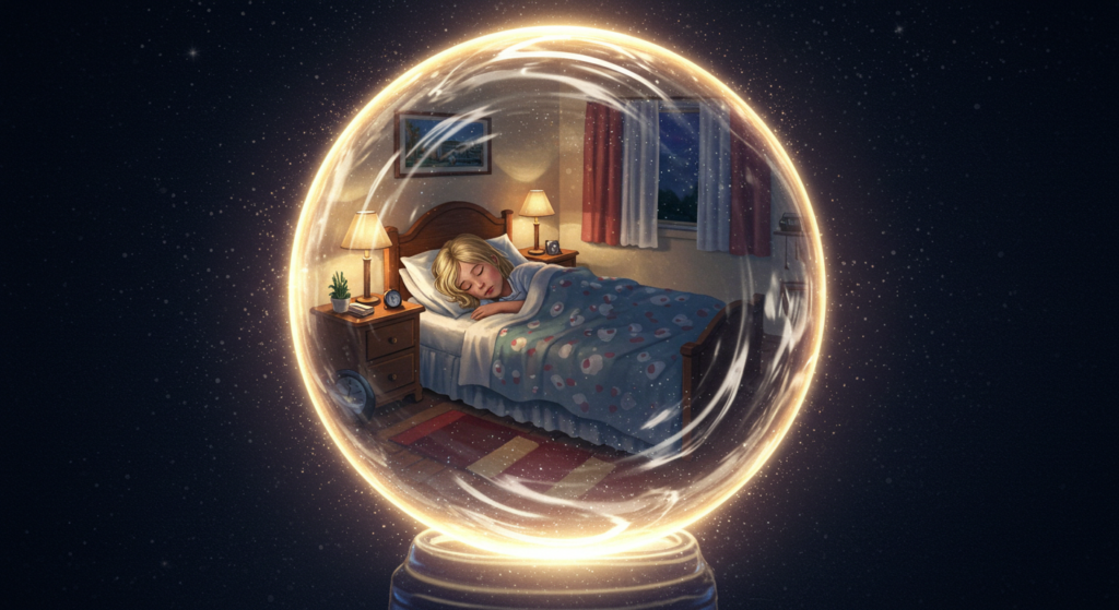 A young girl is sleeping in a cozy bedroom surrounded by a glowing, magical bubble. She is covered with a patterned blanket, with a bedside table holding a lamp and a small plant. The room features a window with curtains and a warm, inviting atmosphere.