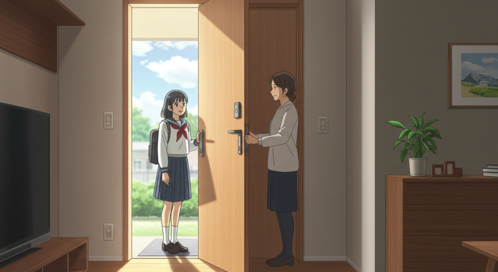 A young girl in a school uniform stands at a doorway, smiling at a woman who is holding the door open. The interior of the room is modern, with a television, a small plant on a table, and a picture on the wall, while bright sunlight illuminates the outdoor scenery visible through the door.