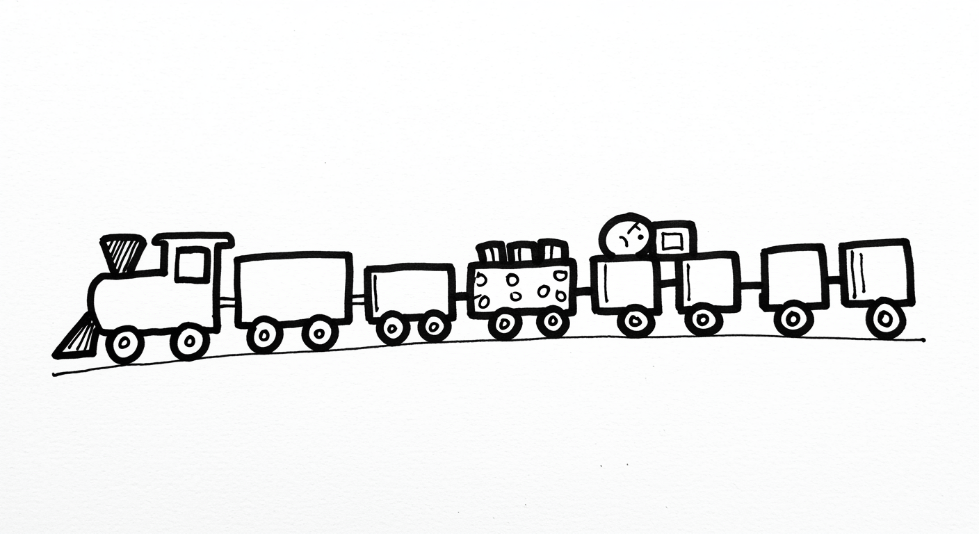 A simple black and white illustration of a cartoon train with multiple carriages, featuring a smiling face in the frontmost carriage and a polka-dotted middle carriage.