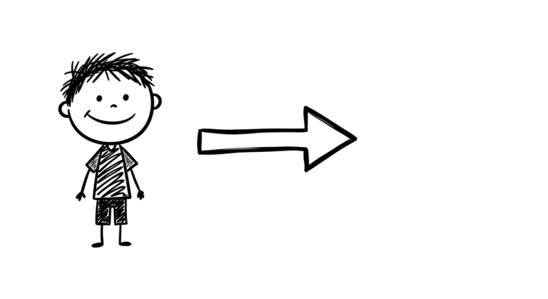 A simple line drawing of a smiling boy standing on the left with a rightward pointing arrow next to him.