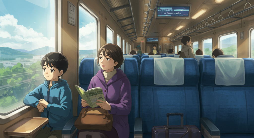 A young boy and a woman sit in a train carriage, with the boy gazing out the window and the woman reading a book. The interior features blue seats and large windows displaying a scenic view of mountains and greenery. Other passengers are visible in the background.